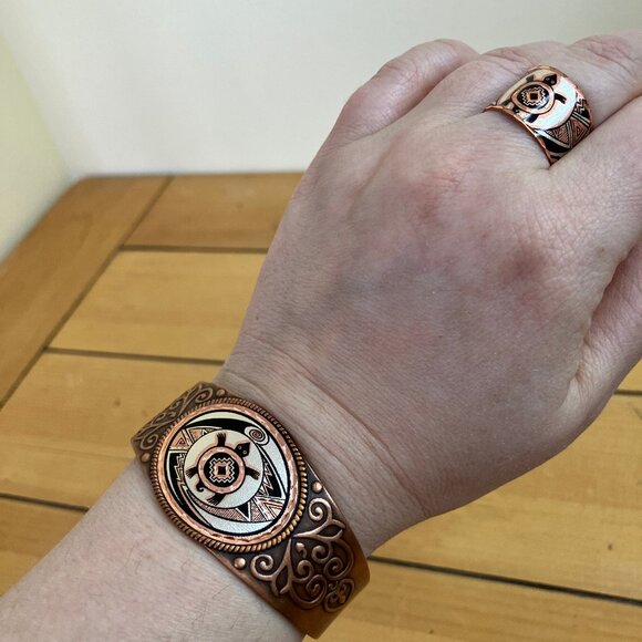 Southwestern Turtle Etched Copper Bracelet & Ring Western Cowgirl Set Adjustable - Picture 9 of 9